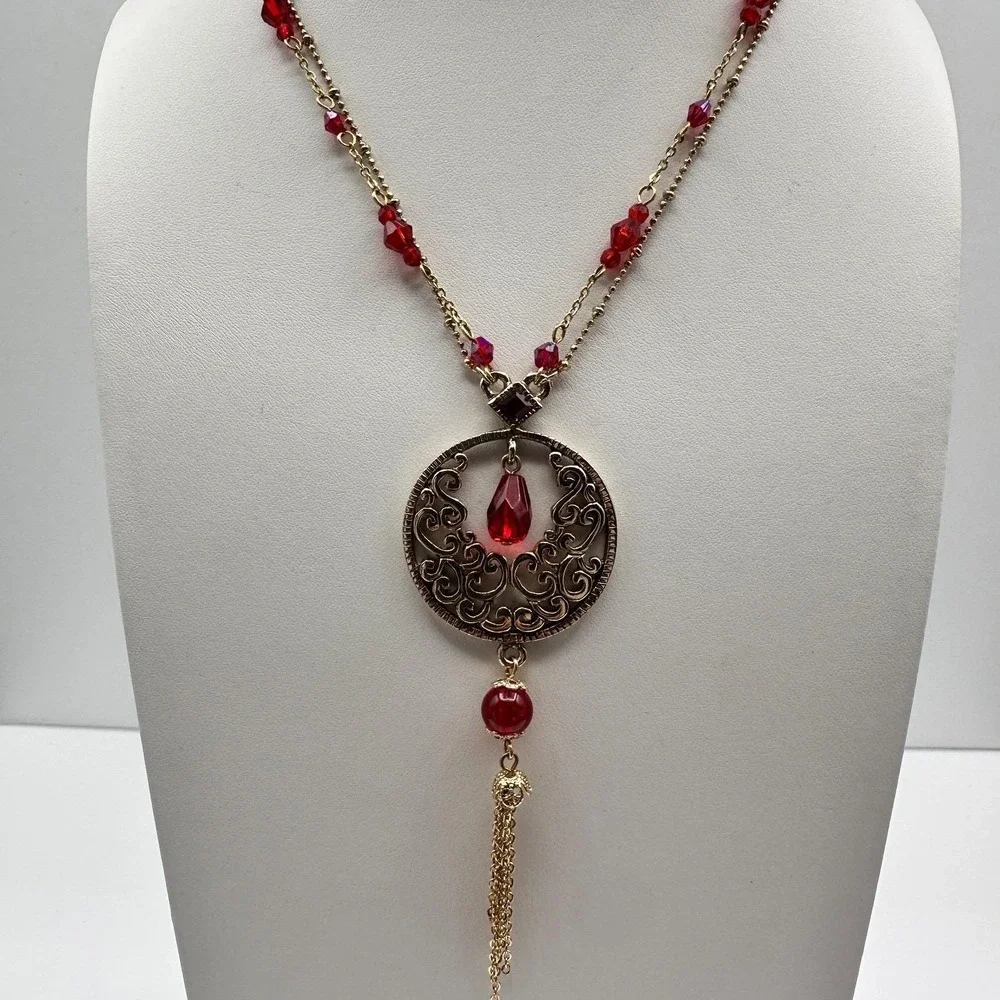 Vintage Y2K Cookie Lee Red Stone‎ Necklace Gold Tone Filigree Tassel Statement